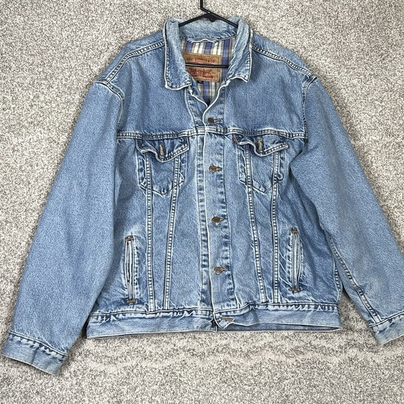 Levi's Denim Trucker Jacket XL Plaid Flannel Lined Vintage Blue Jean Coat - Picture 1 of 7